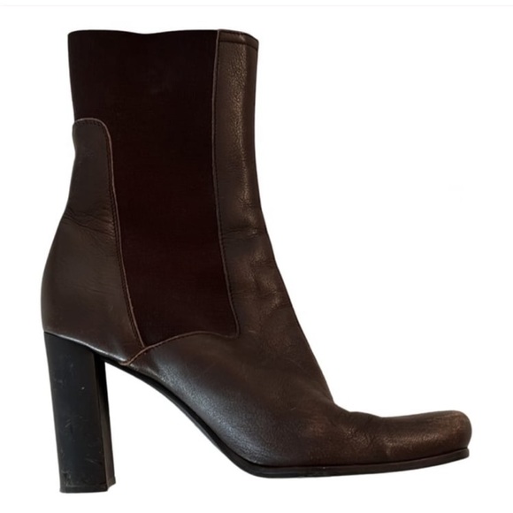 MIU MIU DISTRESSED BROWN LEATHER & PULL ON ELASTIC HEELED CHELSEA BOOTS - Picture 1 of 12